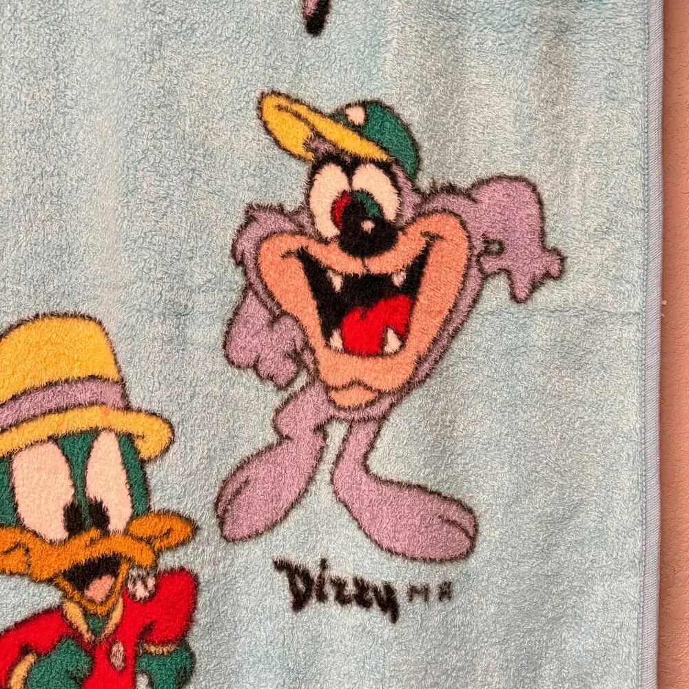 Vtg 90s Y2K Tiny Toons Rap it Up! plush blanket - blue Looney Tunes 53 x 45